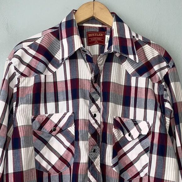 Vtg Rustler Mens Size 16 34 / 35 Pearl Snap X Long Tails Western Shirt Cowboy - Picture 2 of 10
